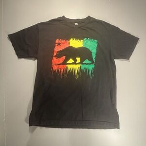 California‎ Rasta Bear Graphic T-Shirt Men's L Black Reggae Colors Alstyle
